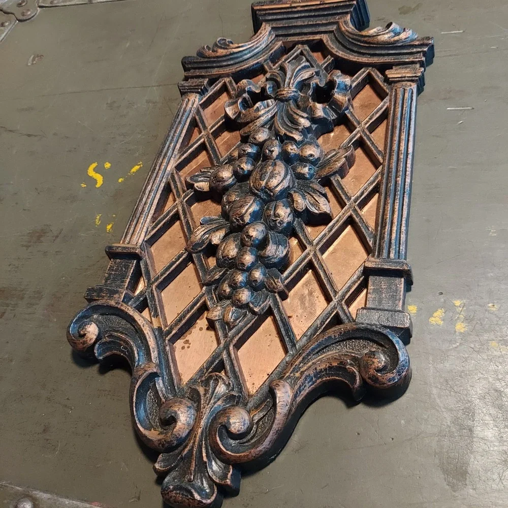 Vintage Ornate Copper & Plastic Grape Harvest Wall Plaque Lattice Relief Decor